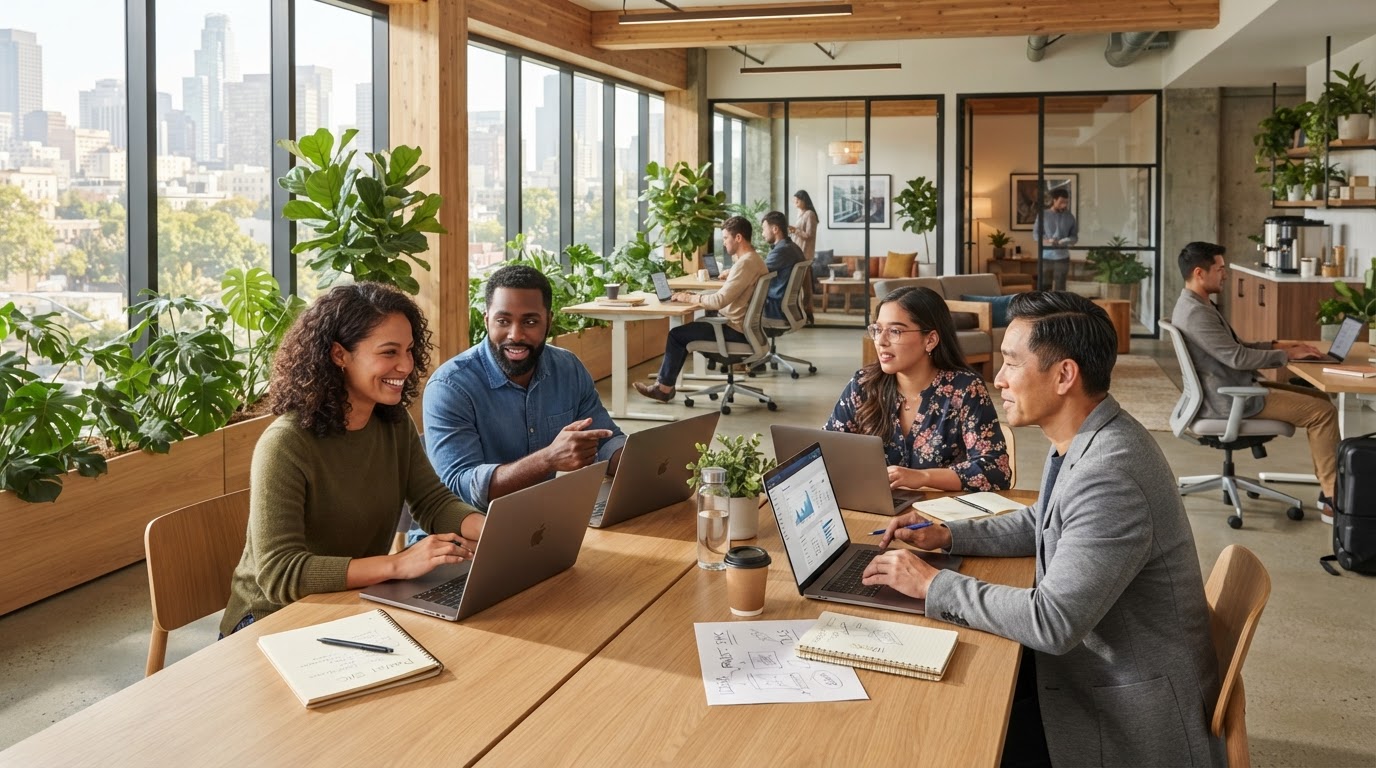 Professionals collaborating in modern open coworking space