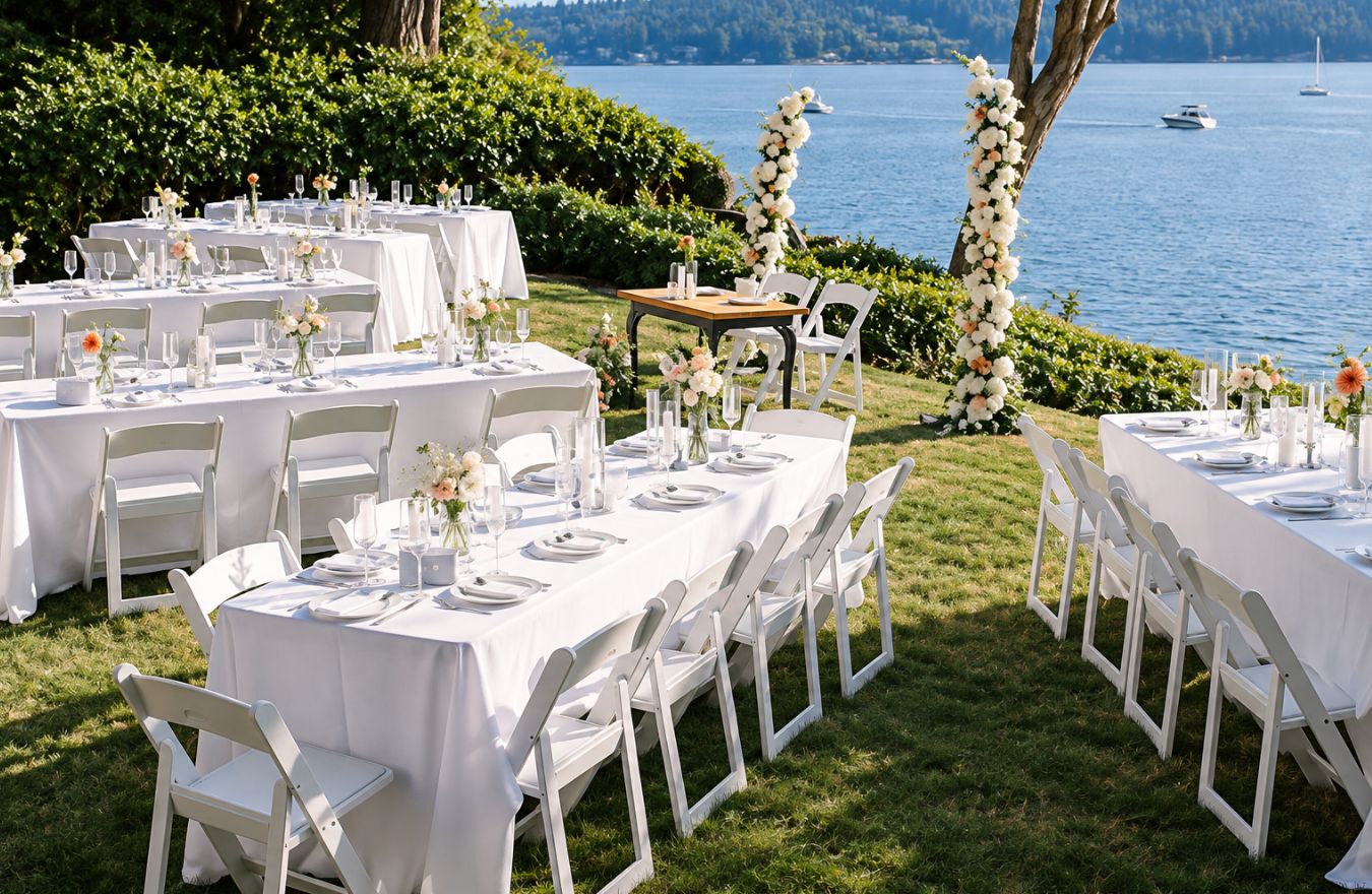 waterfront outdoor party reception tables with floral floral pillar arches overlooking the water