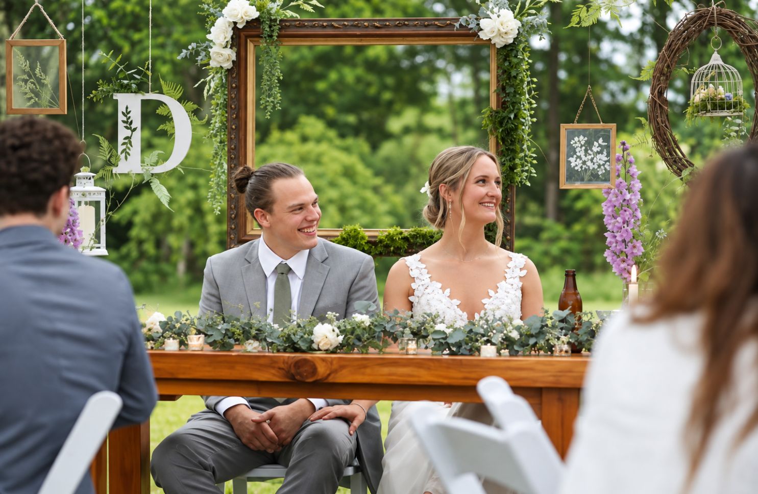 Bride and groom at outdoor wedding sweetheart table in Seattle, Tacoma & Kitsap