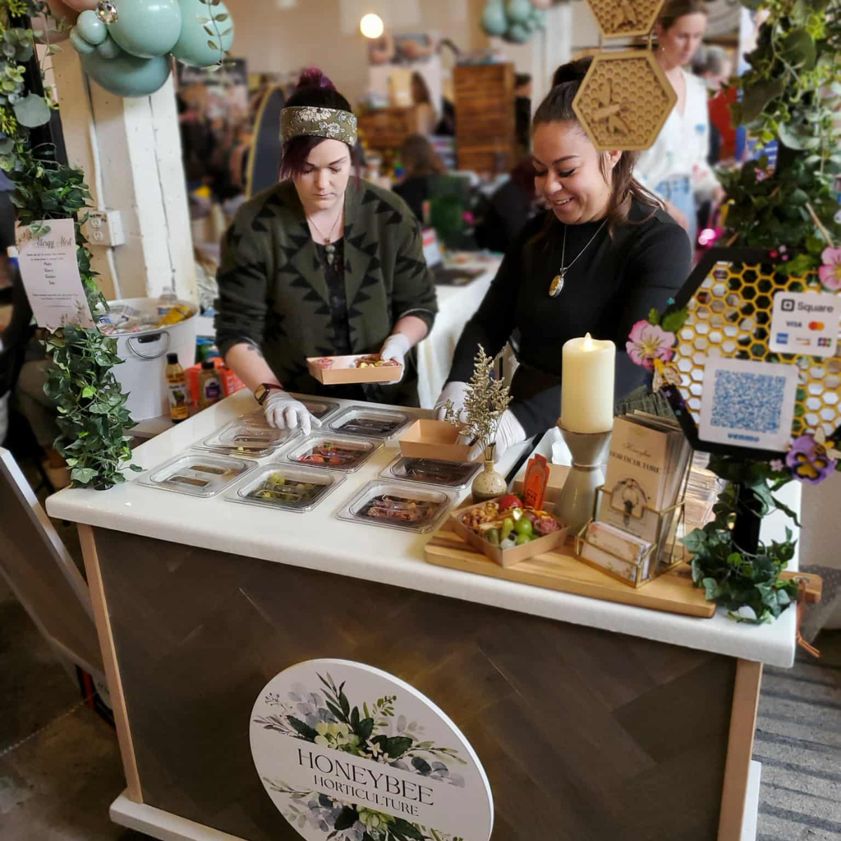 Honeybee Horticulture mobile charcuterie cart service with grazing station setup for corporate event catering in Seattle area