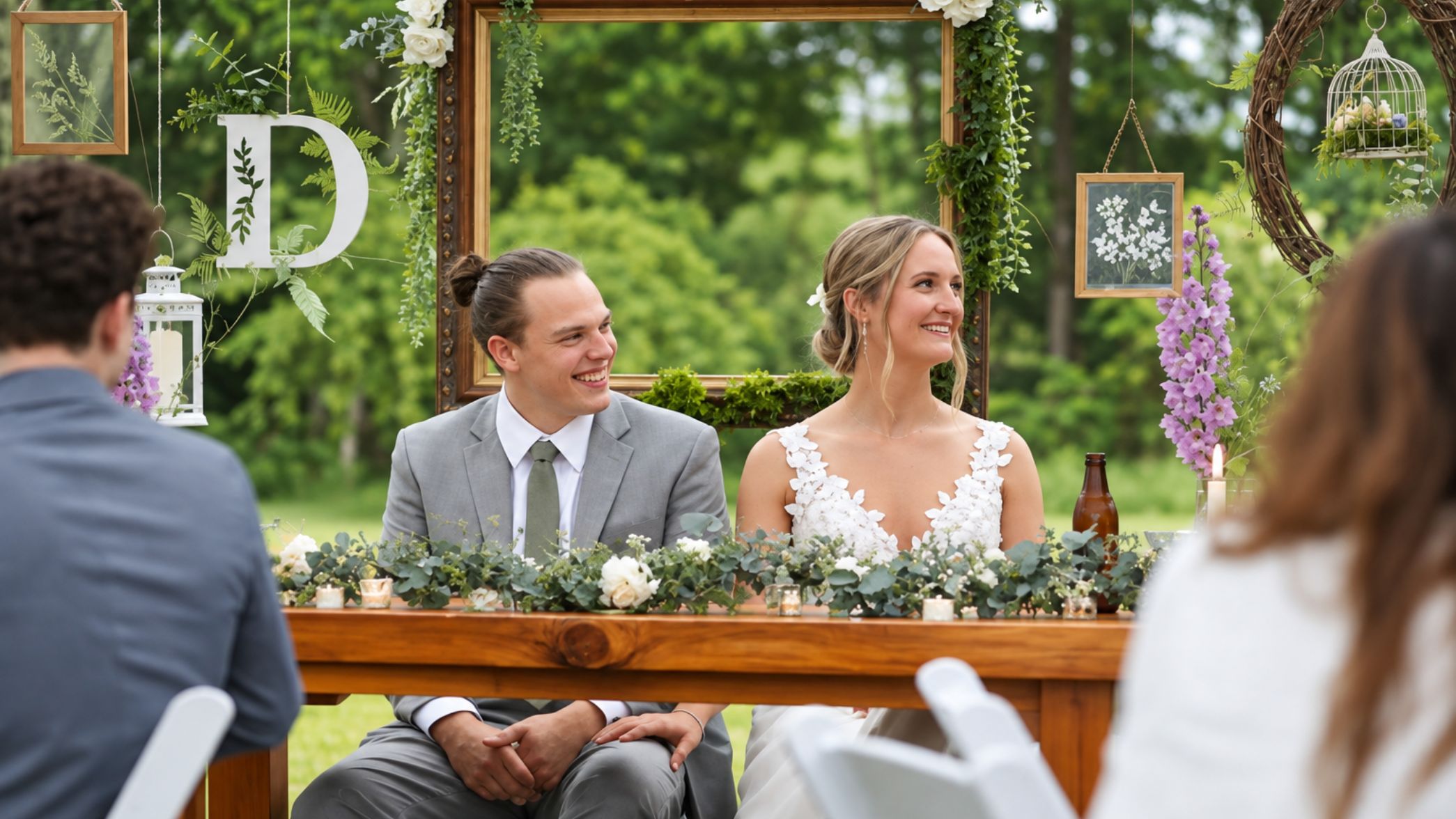 Bride and groom at outdoor sweetheart table with custom floral arrangements and greenery in Kitsap County