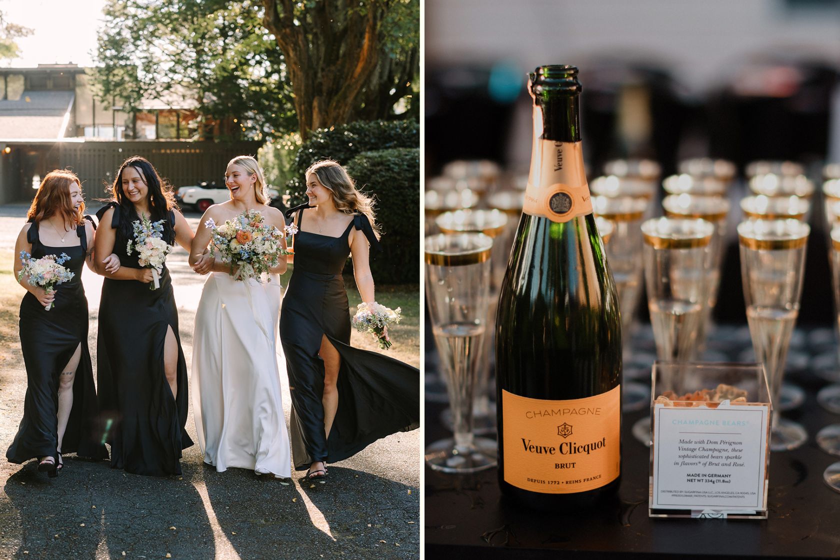 bride and bridesmaids with floral bouquets and champagne toast station at wedding event in Kitsap County