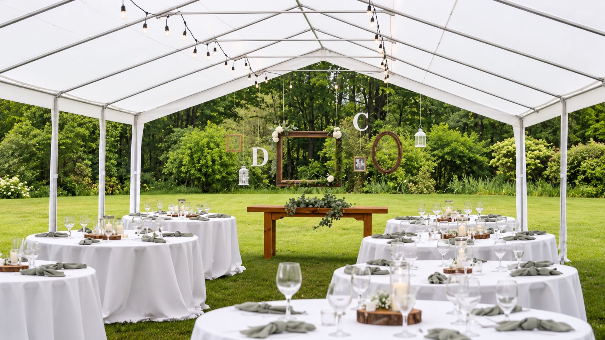 Outdoor party tent reception with round guest tables and hanging frame backdrop in Kitsap County
