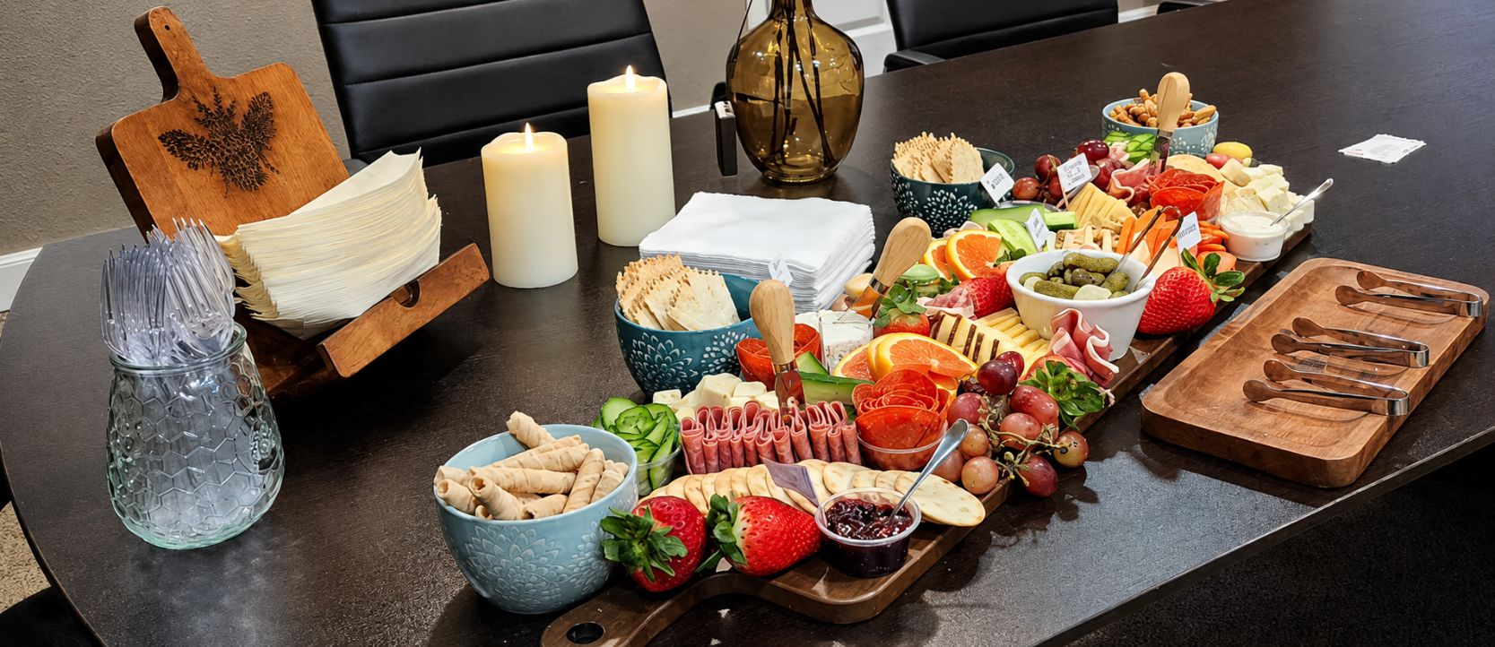 signature charcuterie board display with artisan cheeses and honeycomb near Tacoma