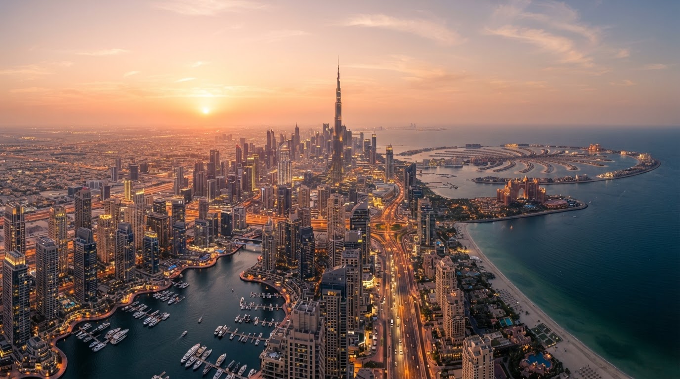 Luxury villa overlooking Dubai at golden hour