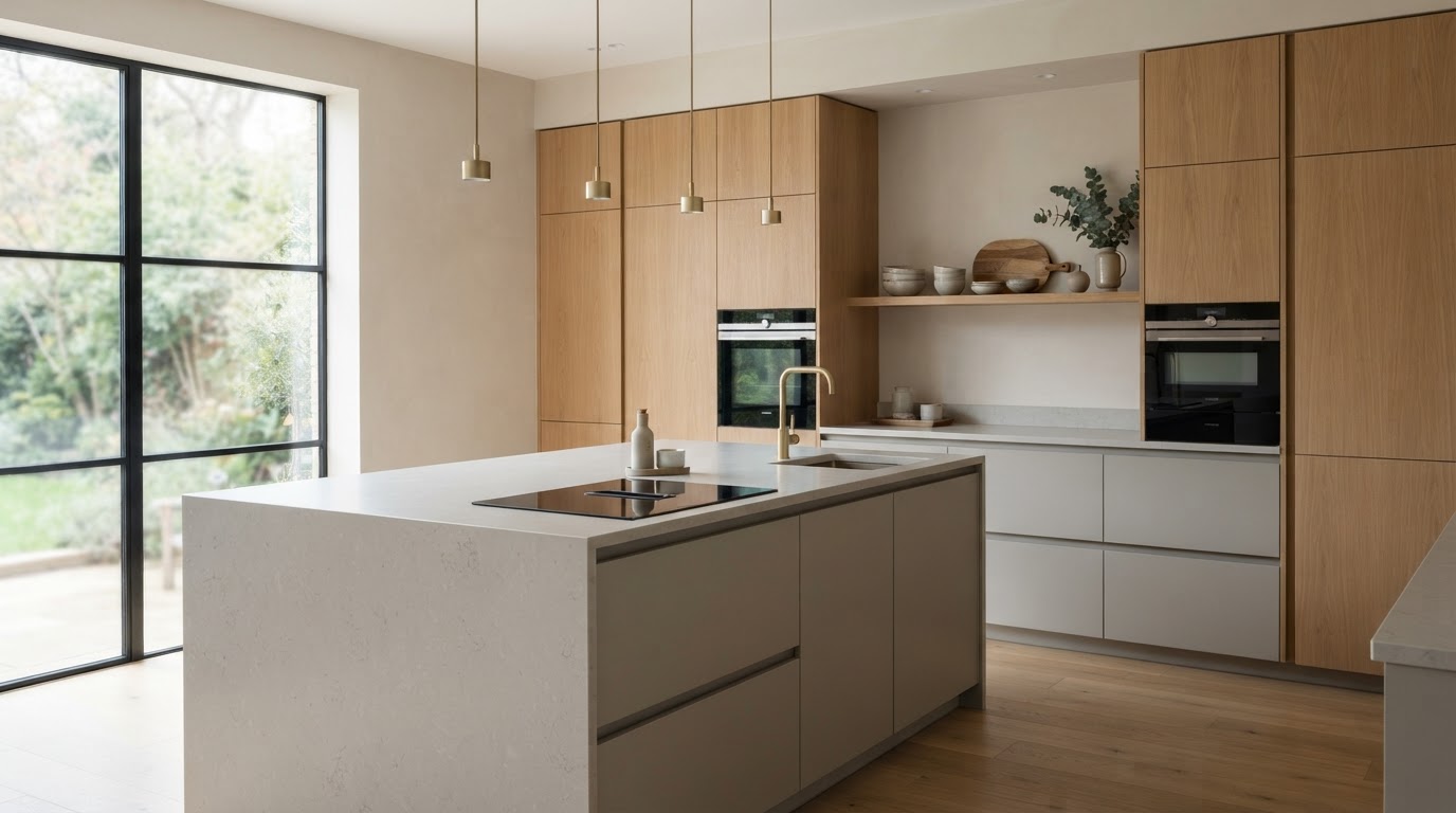Modern flat-pack kitchen cabinetry with light oak and stone grey finishes