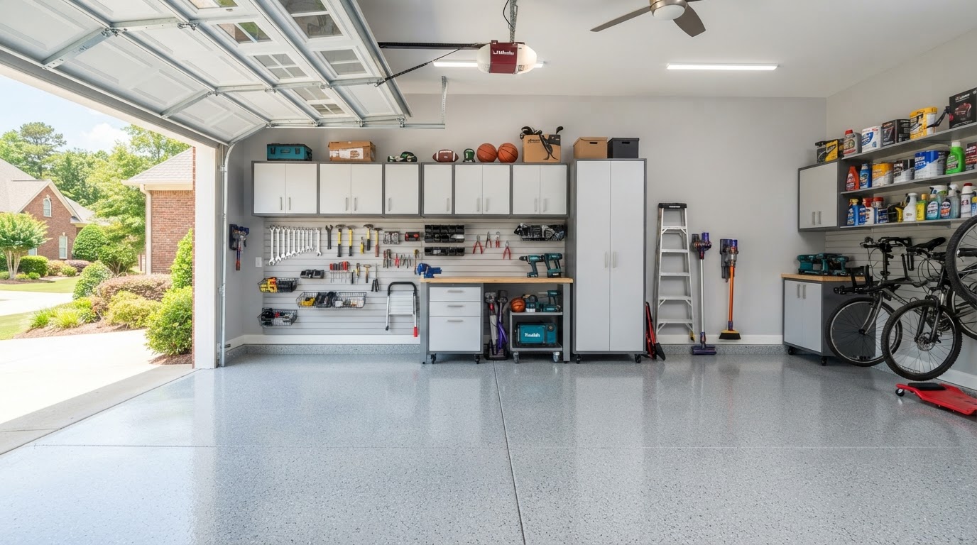 Beautiful finished polyaspartic garage floor with organized storage cabinets in Huntsville