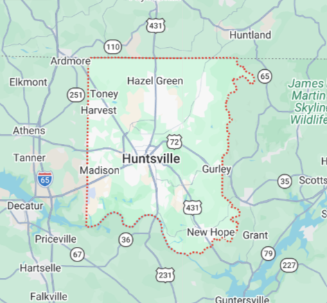 Rocket City Epoxy service area coverage map including Huntsville, Madison, and surrounding North Alabama communities