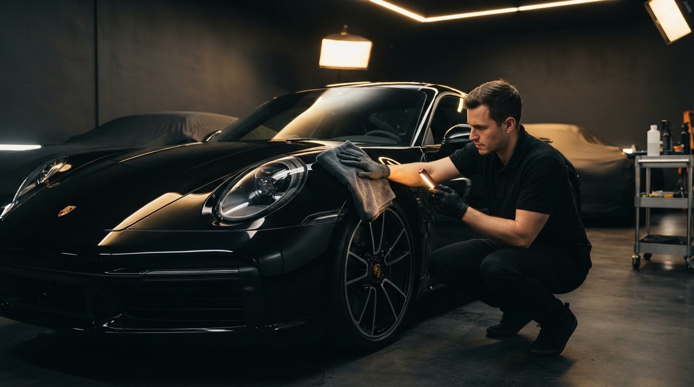 Luxury vehicle receiving professional detailing under warm gold lighting