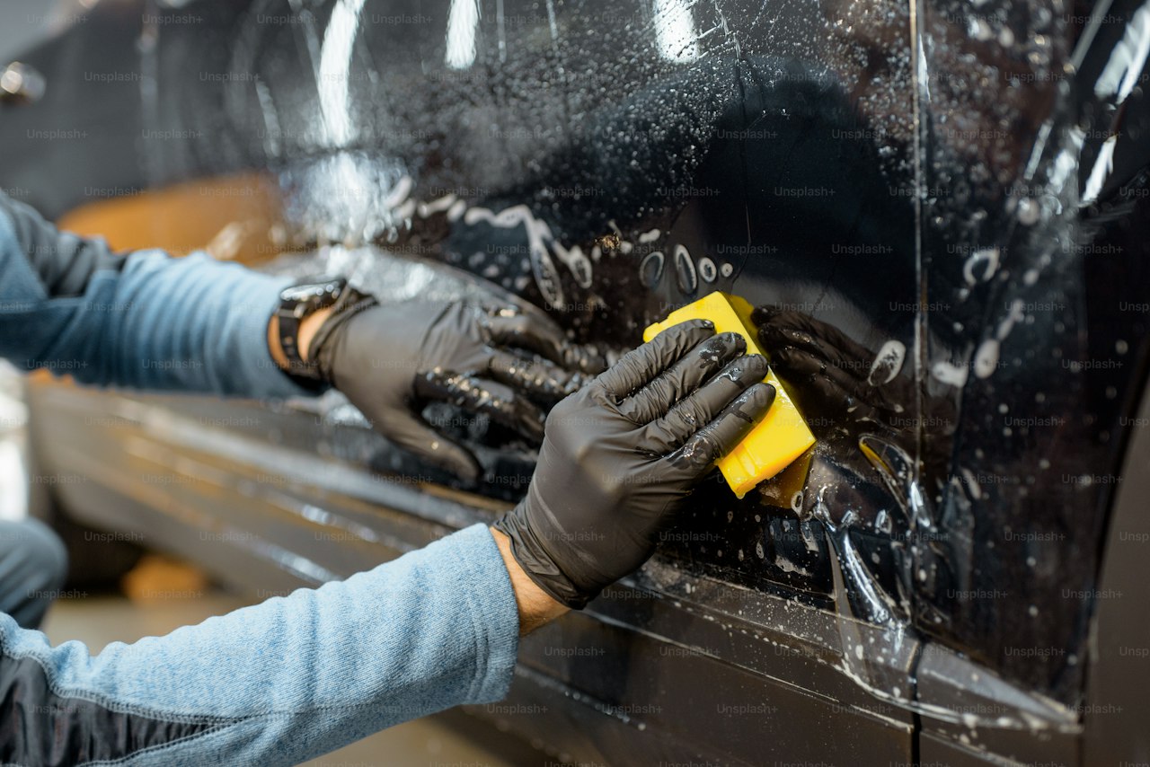 Installer applying clear paint protection film to a vehicle with a squeegee