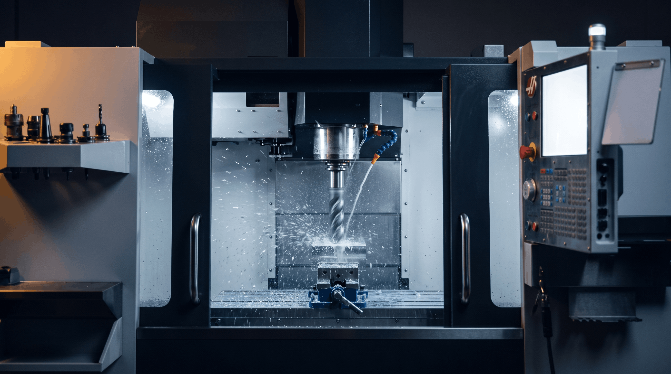 High-detail photograph of modern CNC machining center in operation with cutting fluid and coolant