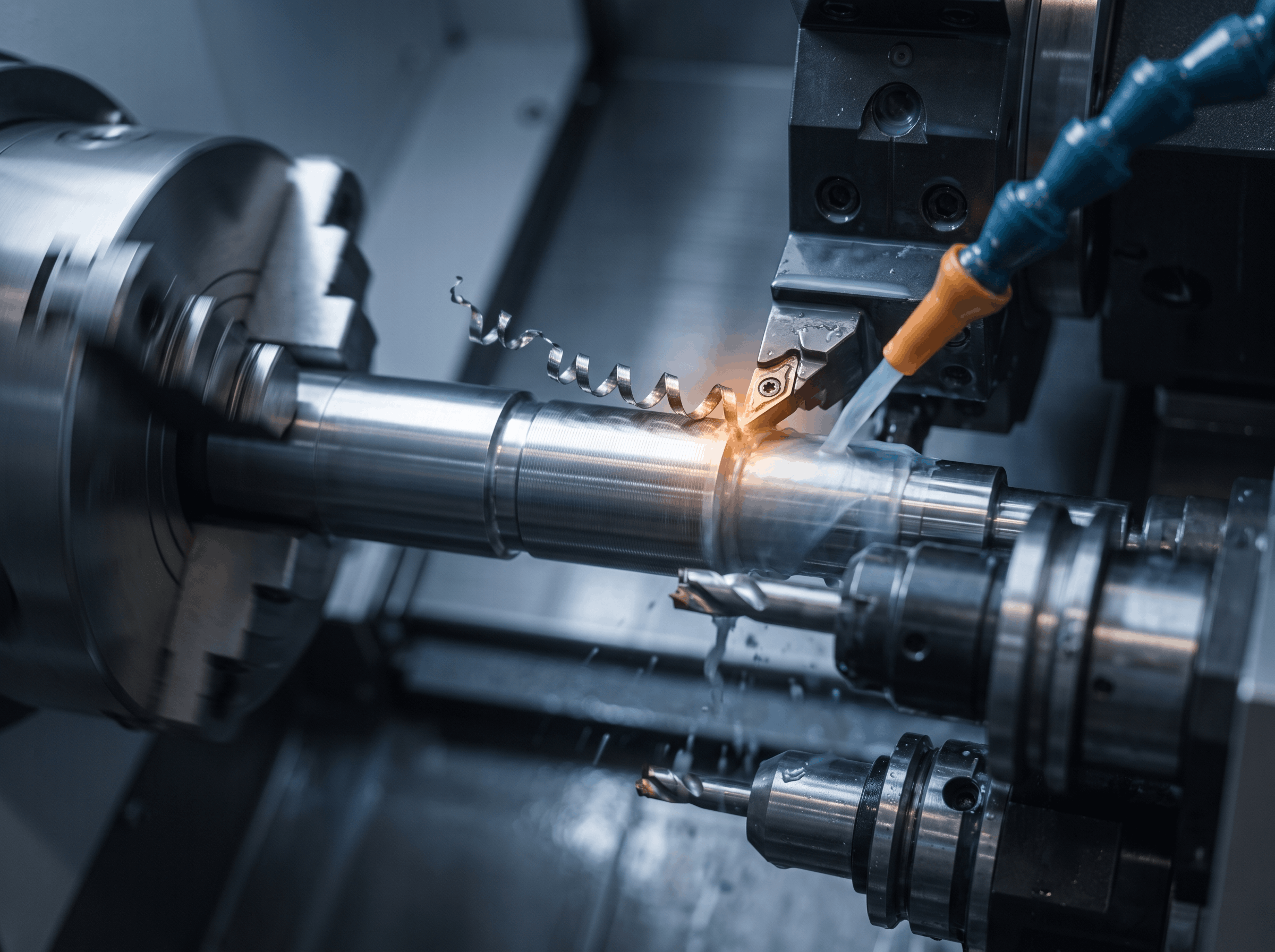 CNC turning close-up with dual-spindle lathe turning a steel shaft with live tooling and cutting coolant