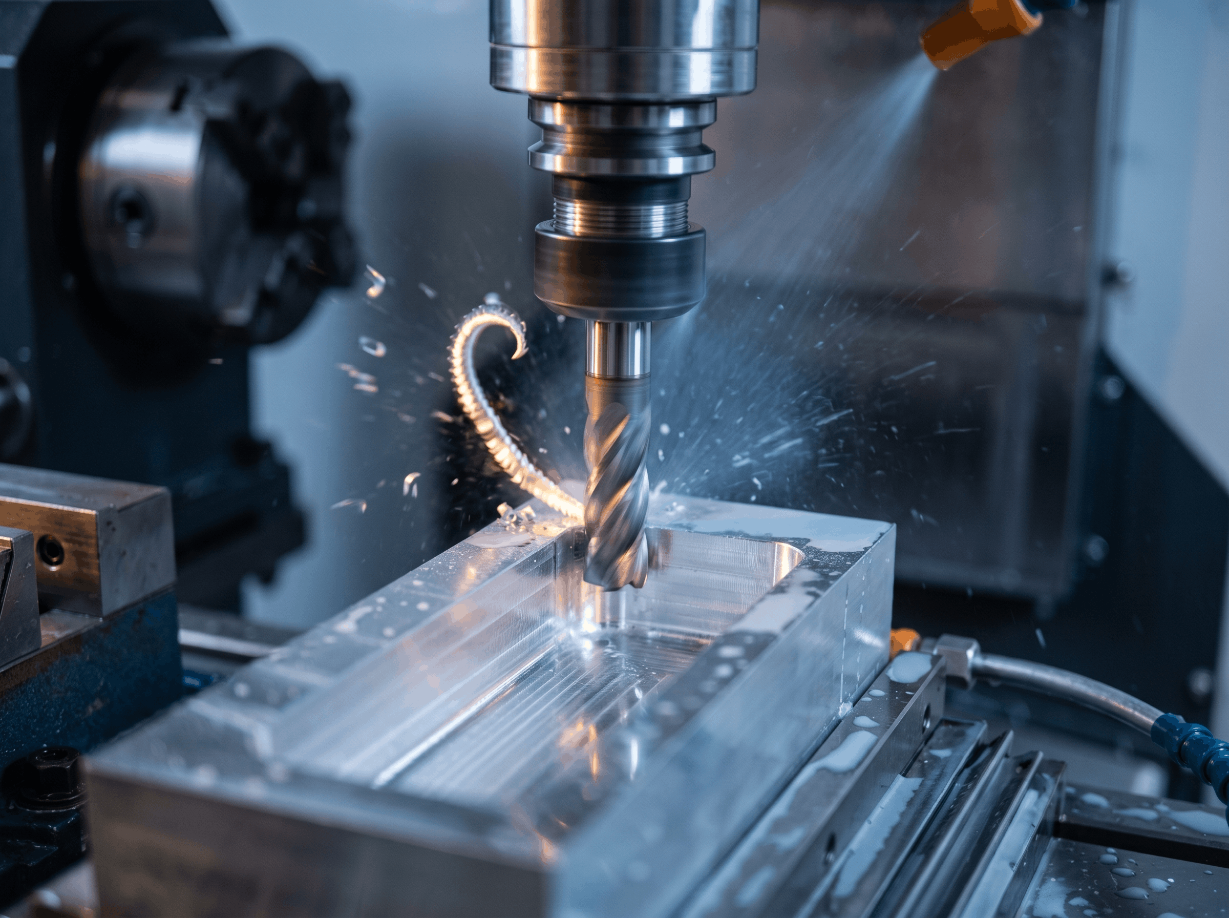 CNC milling close-up in operation with end mill cutting aluminum pocket and coolant spray
