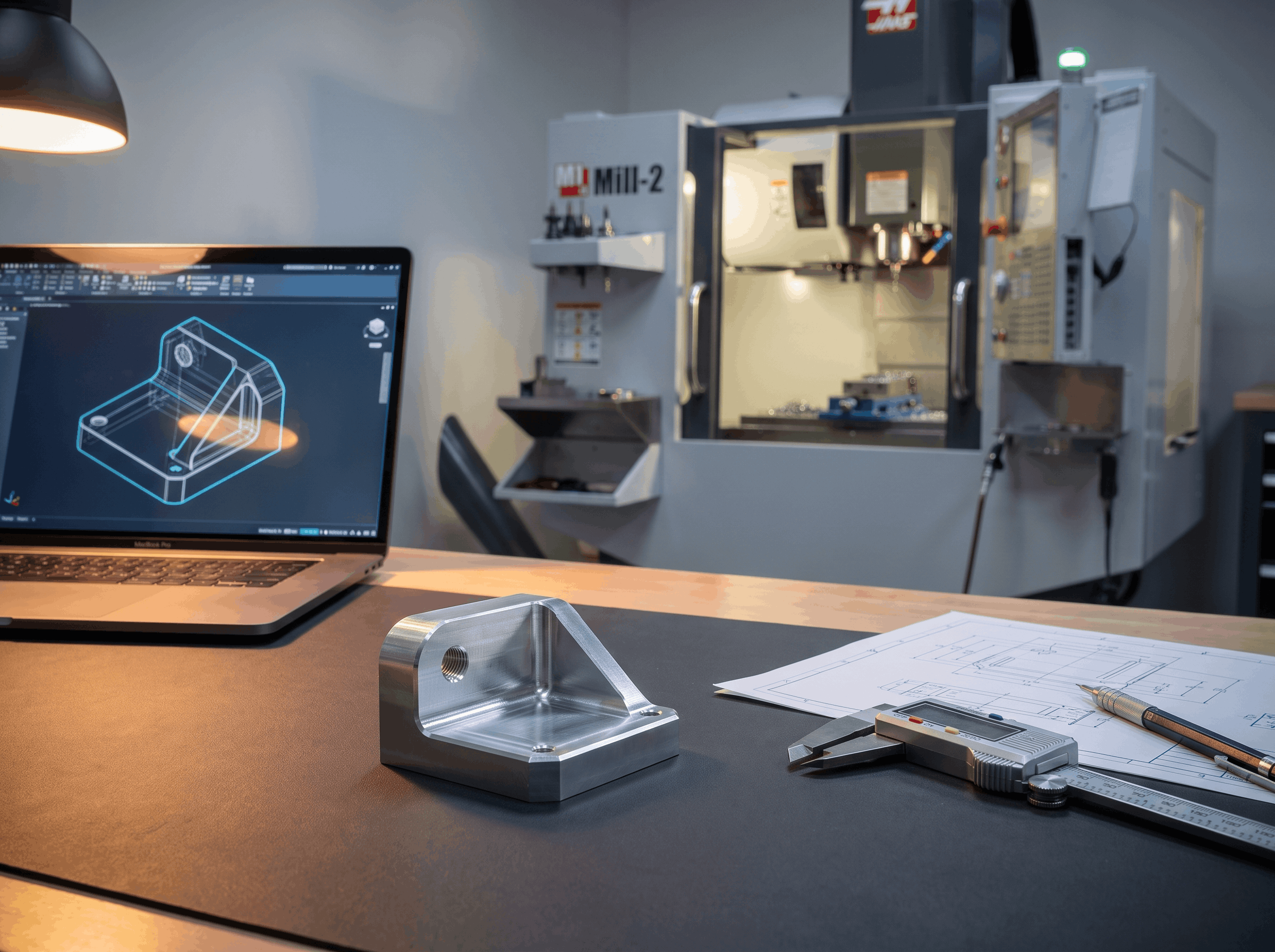 Engineering and prototyping desk with CAD model, machined aluminum part, digital caliper, print drawings, and CNC mill