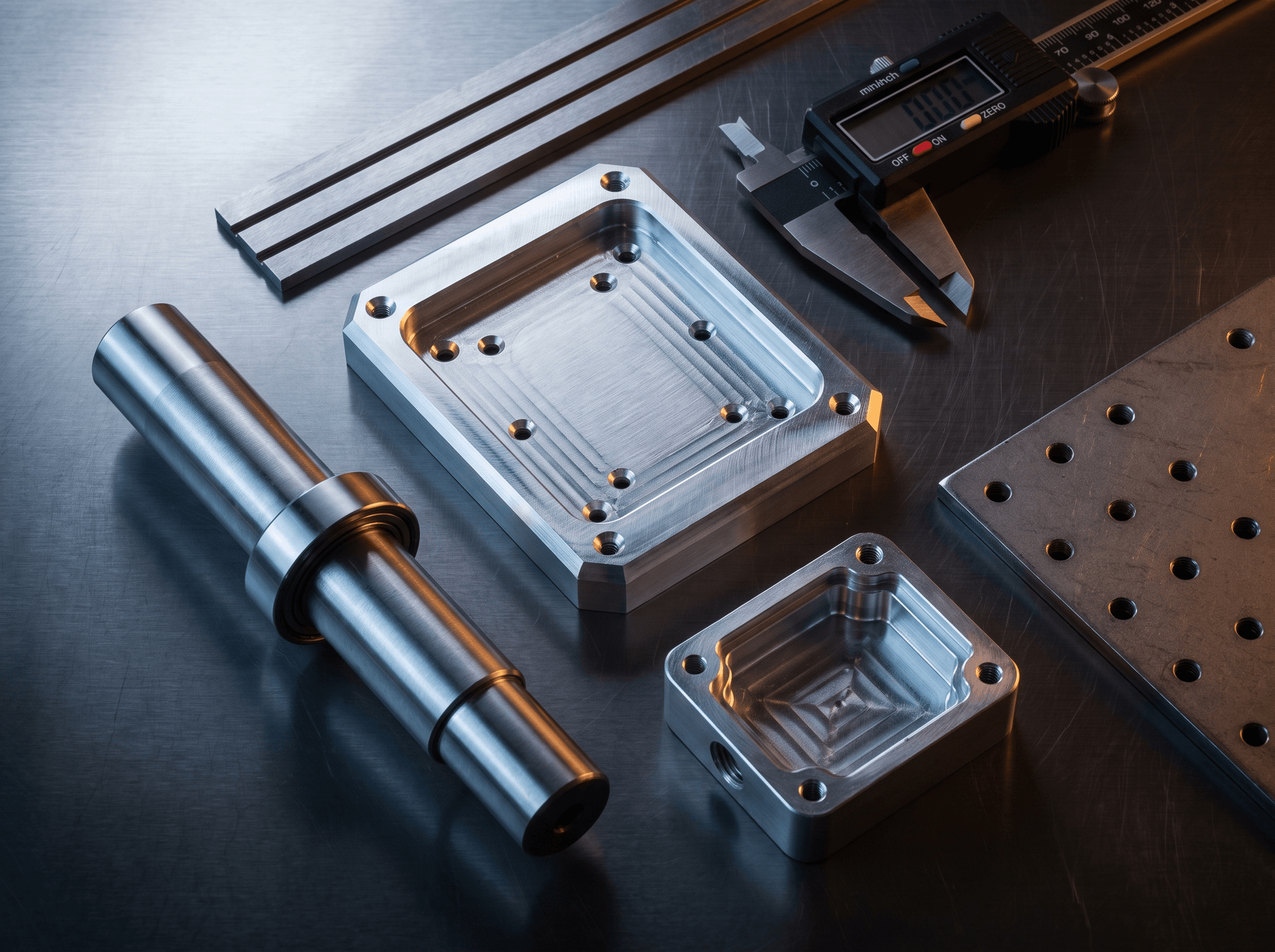 Precision machined parts array including turned shafts, milled housings, tooling plate, and digital caliper