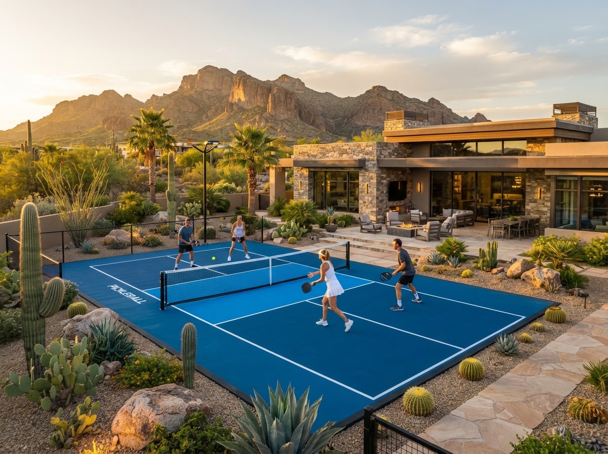 Bright outdoor pickleball court with crisp white boundary lines built in San Tan Valley, AZ