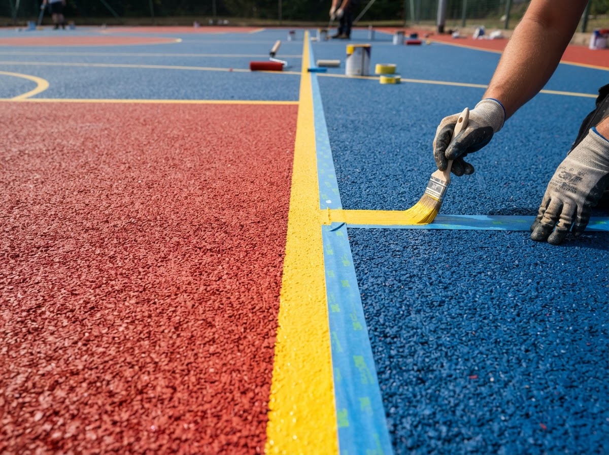 Close-up of red and blue textured court surfacing with yellow boundary lines during a court installation service in San Tan Valley, AZ