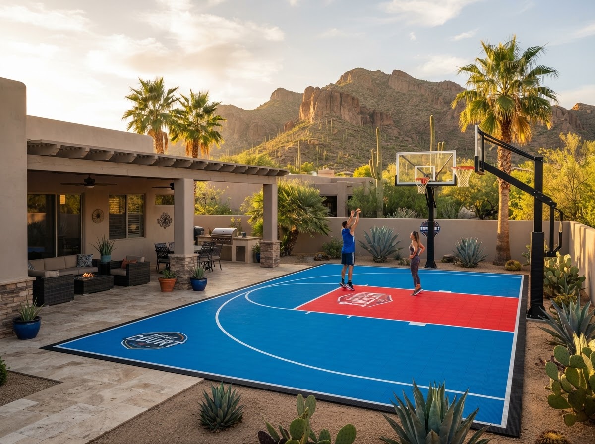 Custom backyard basketball court beside a shaded patio after a court installation service in San Tan Valley, AZ