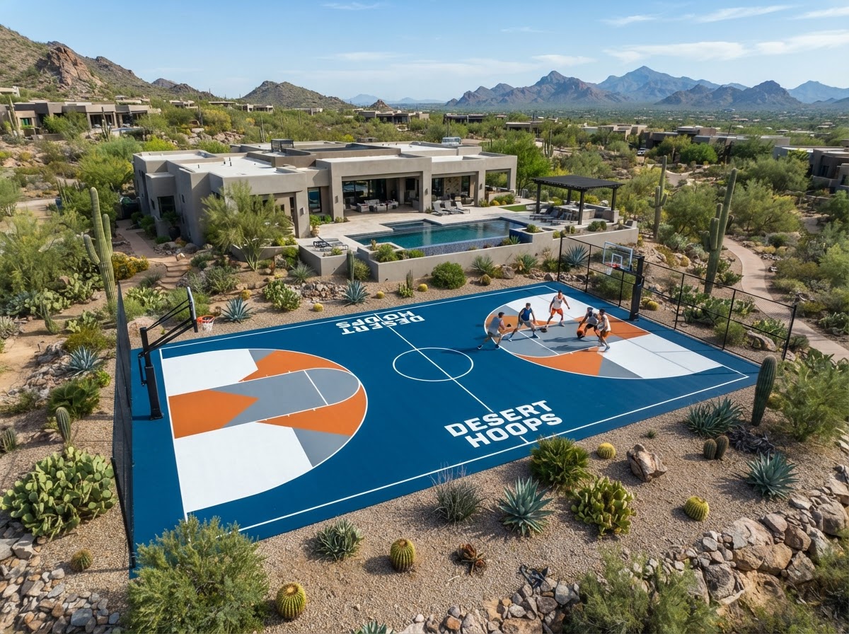 Colorful backyard basketball court with bold painted sections after a court installation service in San Tan Valley, AZ
