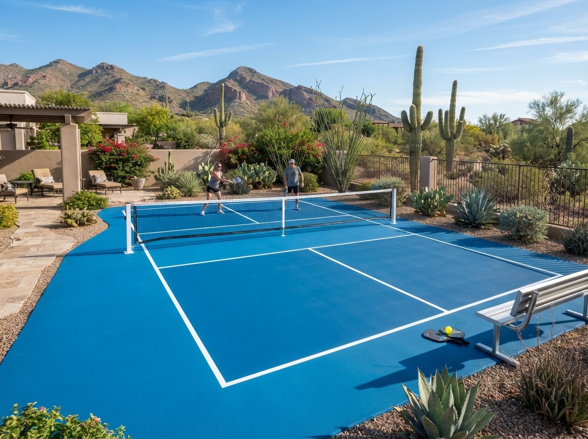 Bright blue pickleball court with crisp white boundary lines after a court installation service in San Tan Valley, AZ
