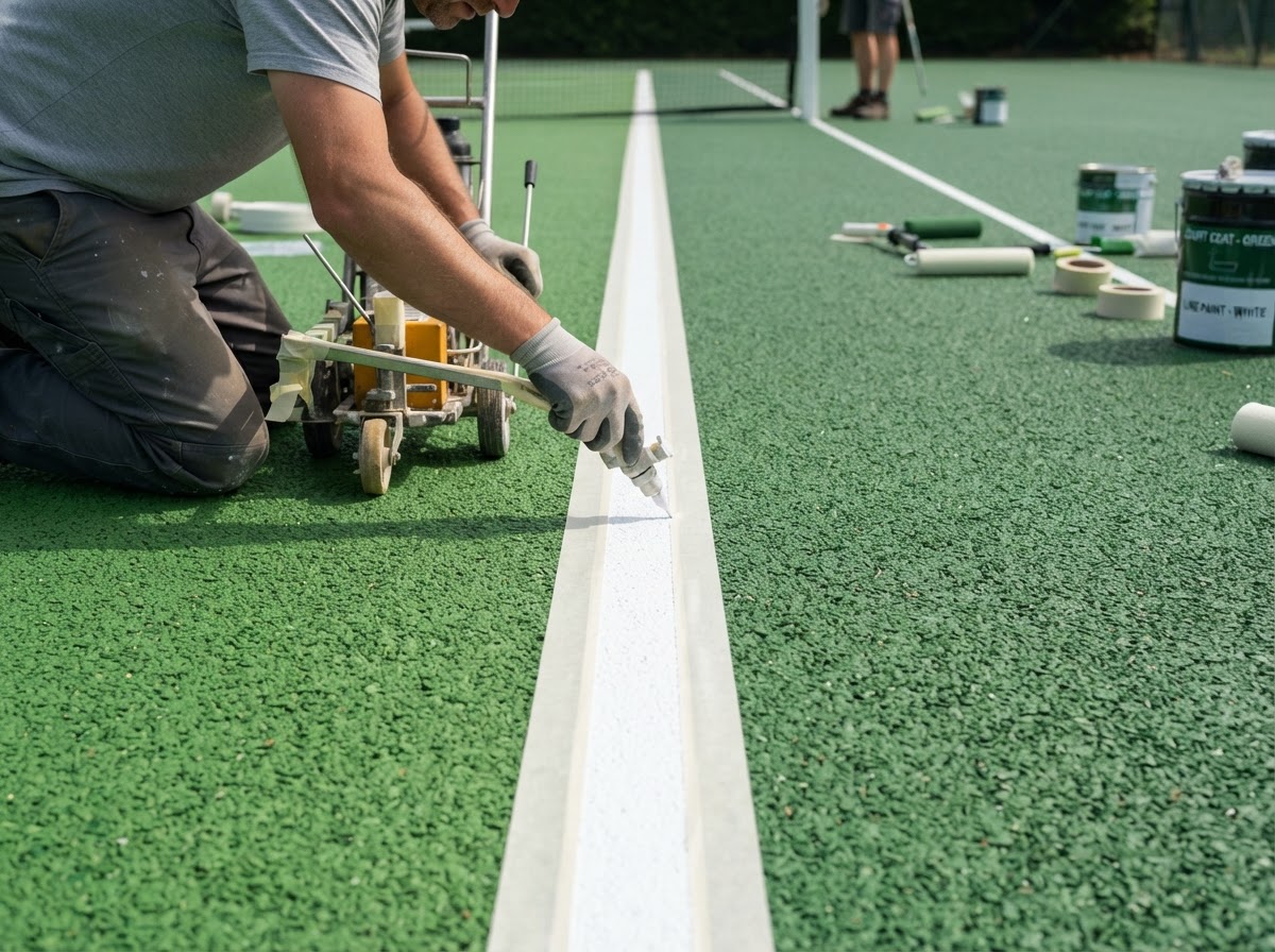 Close-up of a green textured tennis court surface with sharp white lines during a court installation service in San Tan Valley, AZ