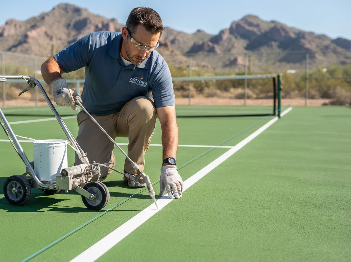 Technician carefully marking straight white boundary lines on a green sport court during a court resurfacing service in San Tan Valley, AZ