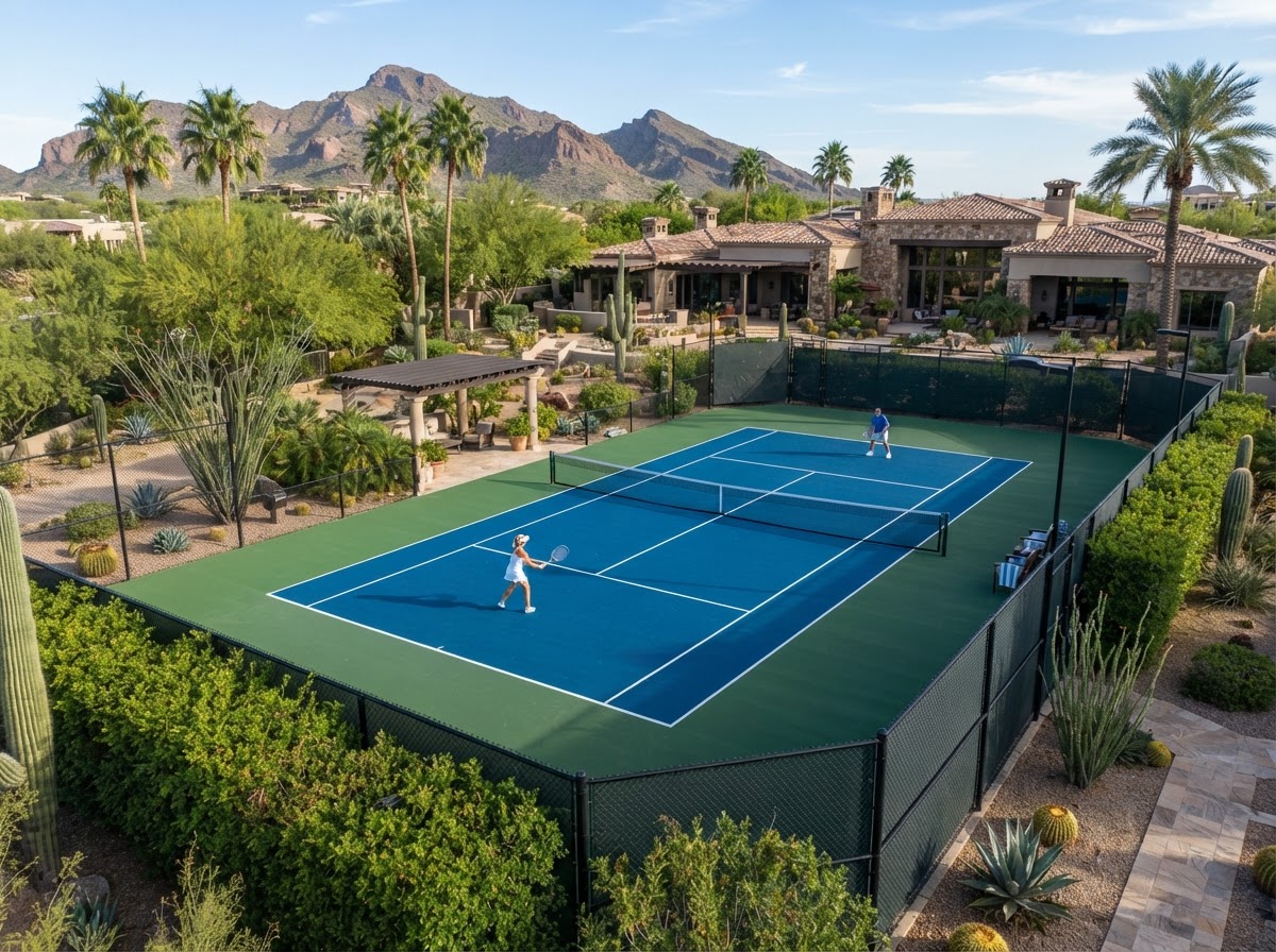 Fresh blue tennis court with clean white lines after a court installation service in San Tan Valley, AZ