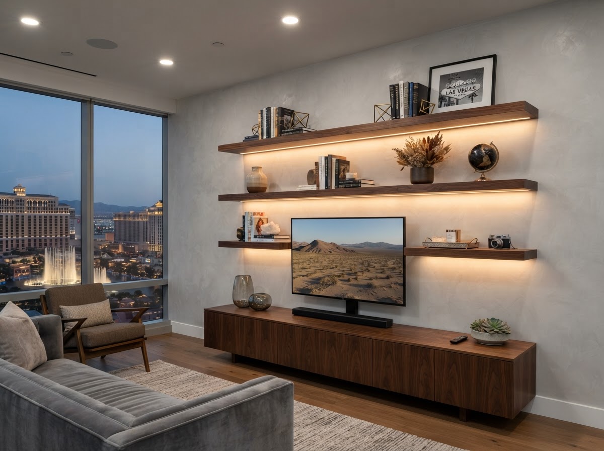 Custom walnut floating shelves with LED lighting installed in Las Vegas, Nevada | Desert Gold Home Services