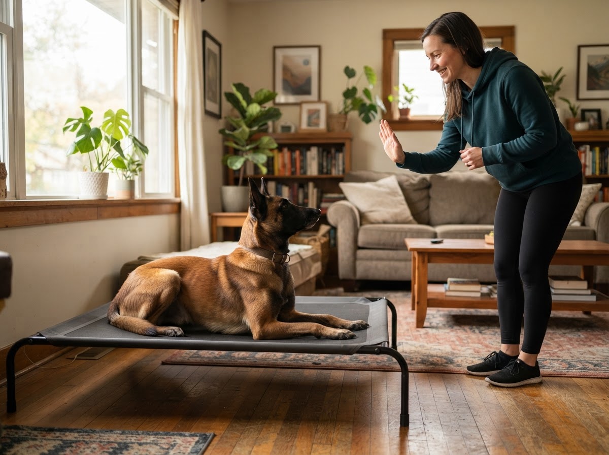 In-home private dog training on a place bed