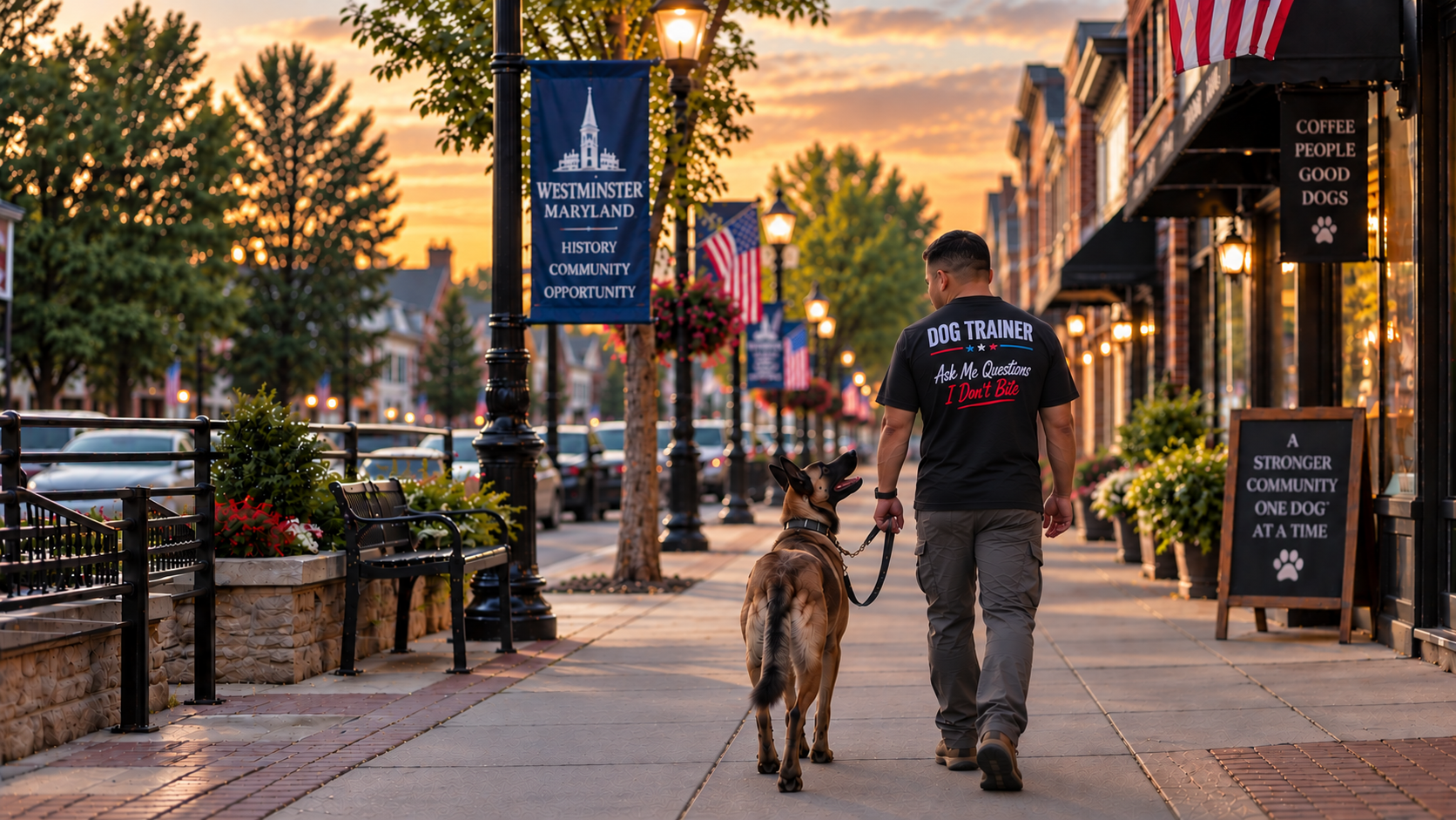 Dog trainer walking obedient dog wearing custom Dog Trainer shirt in Westminster Maryland
