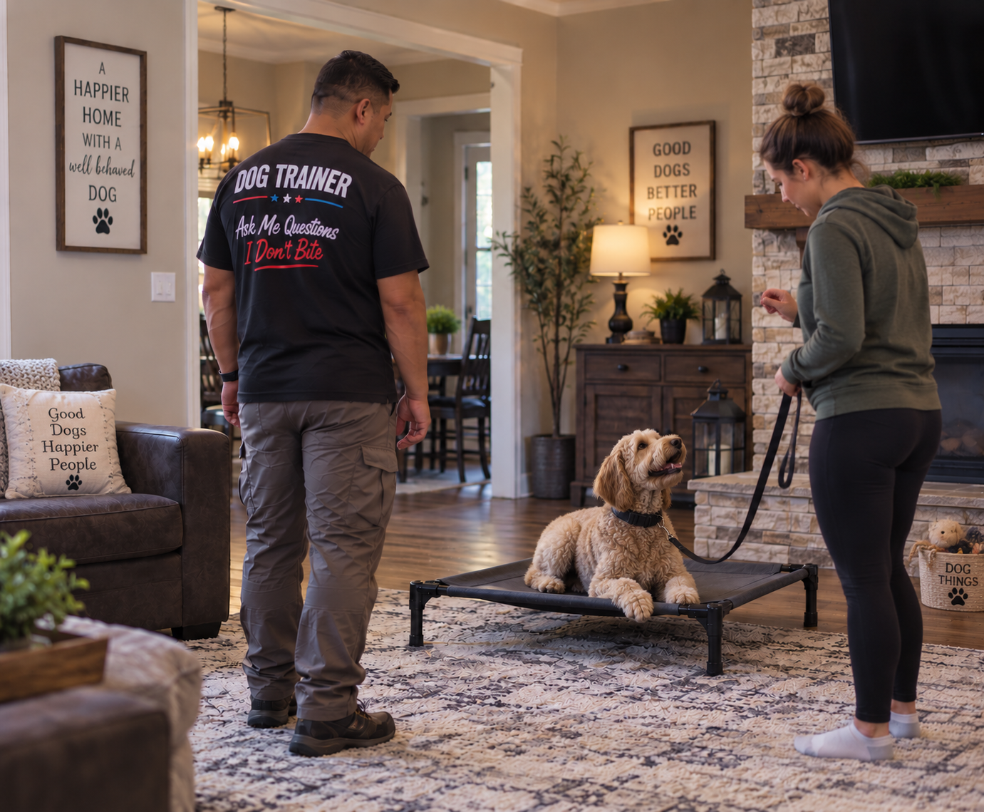Moto Canine dog trainer working indoors with client and dog on place bed