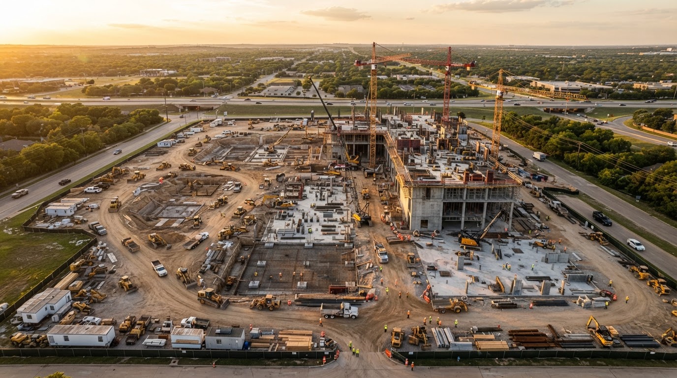 Aerial drone view of an active construction site in North Texas
