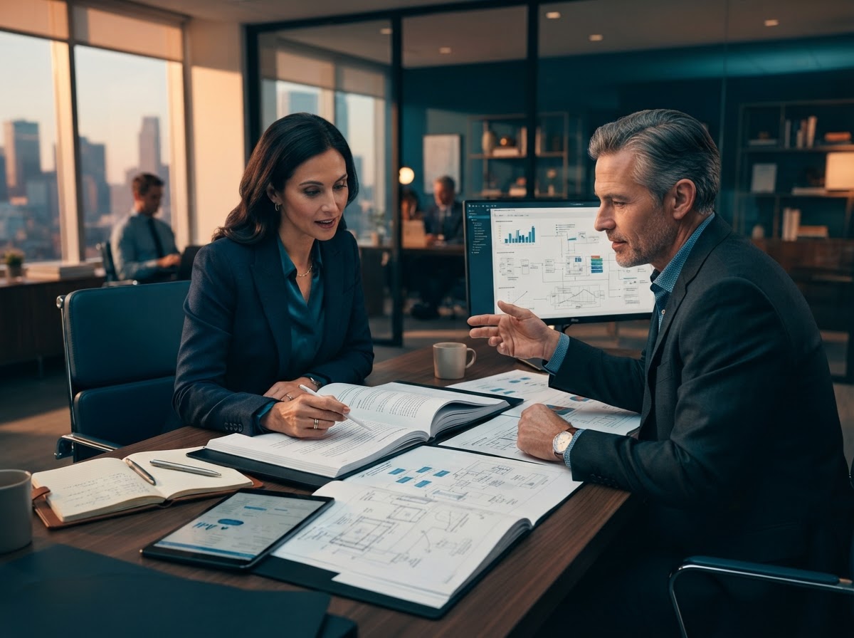 Consultants reviewing operational compliance and systems architecture