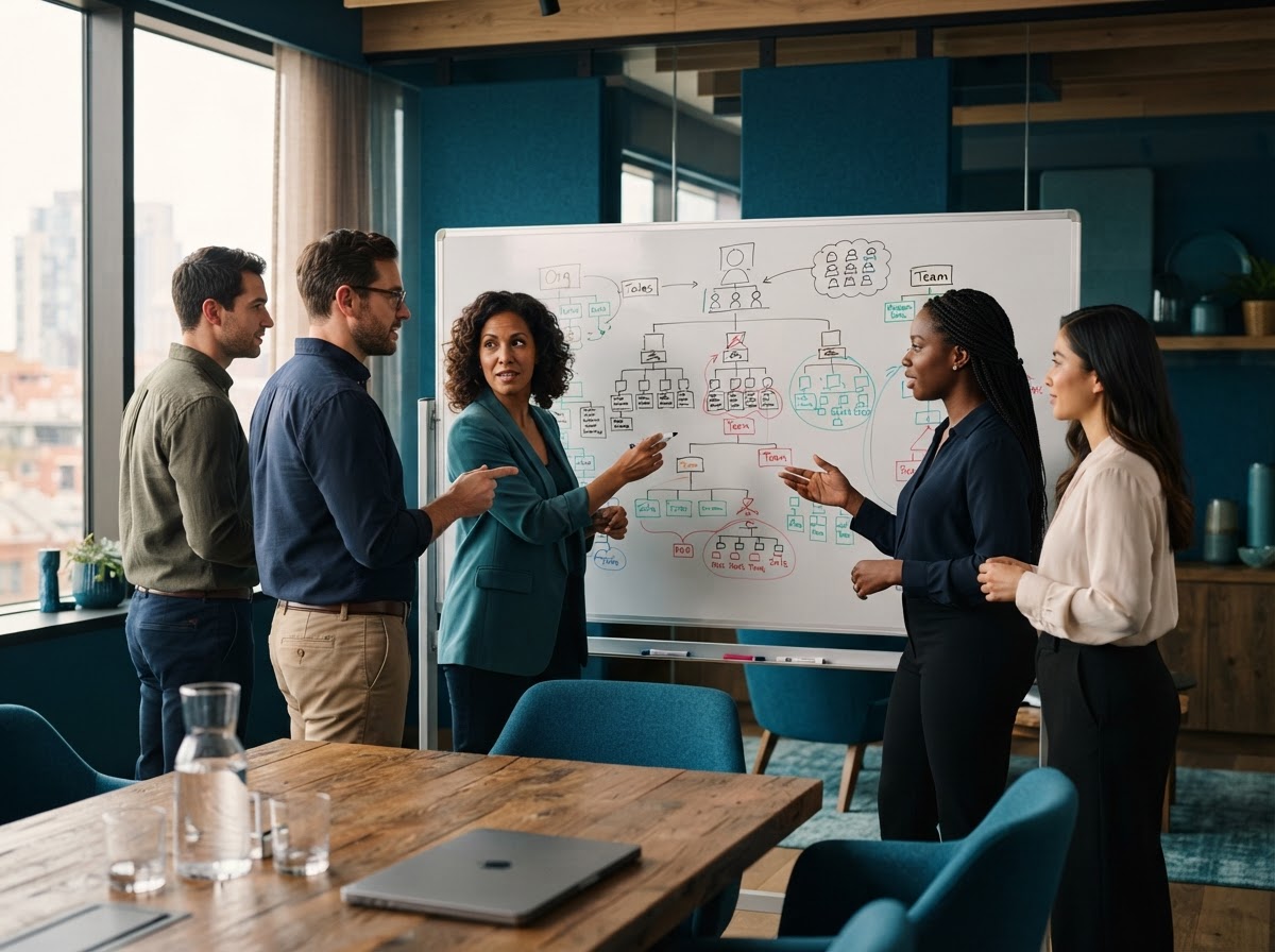 Diverse team meeting with organizational structure diagrams