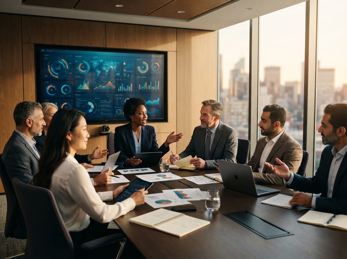 Executives collaborating over strategic planning in a modern boardroom