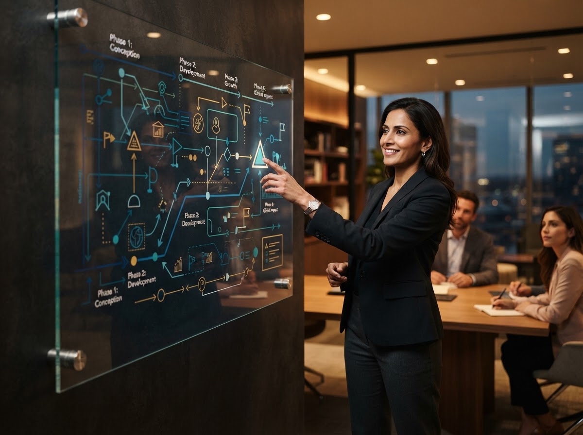 Strategic planning roadmap with milestone markers on a glass board