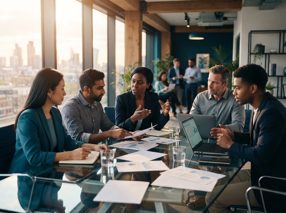 Business professionals collaborating on strategic planning around a conference table
