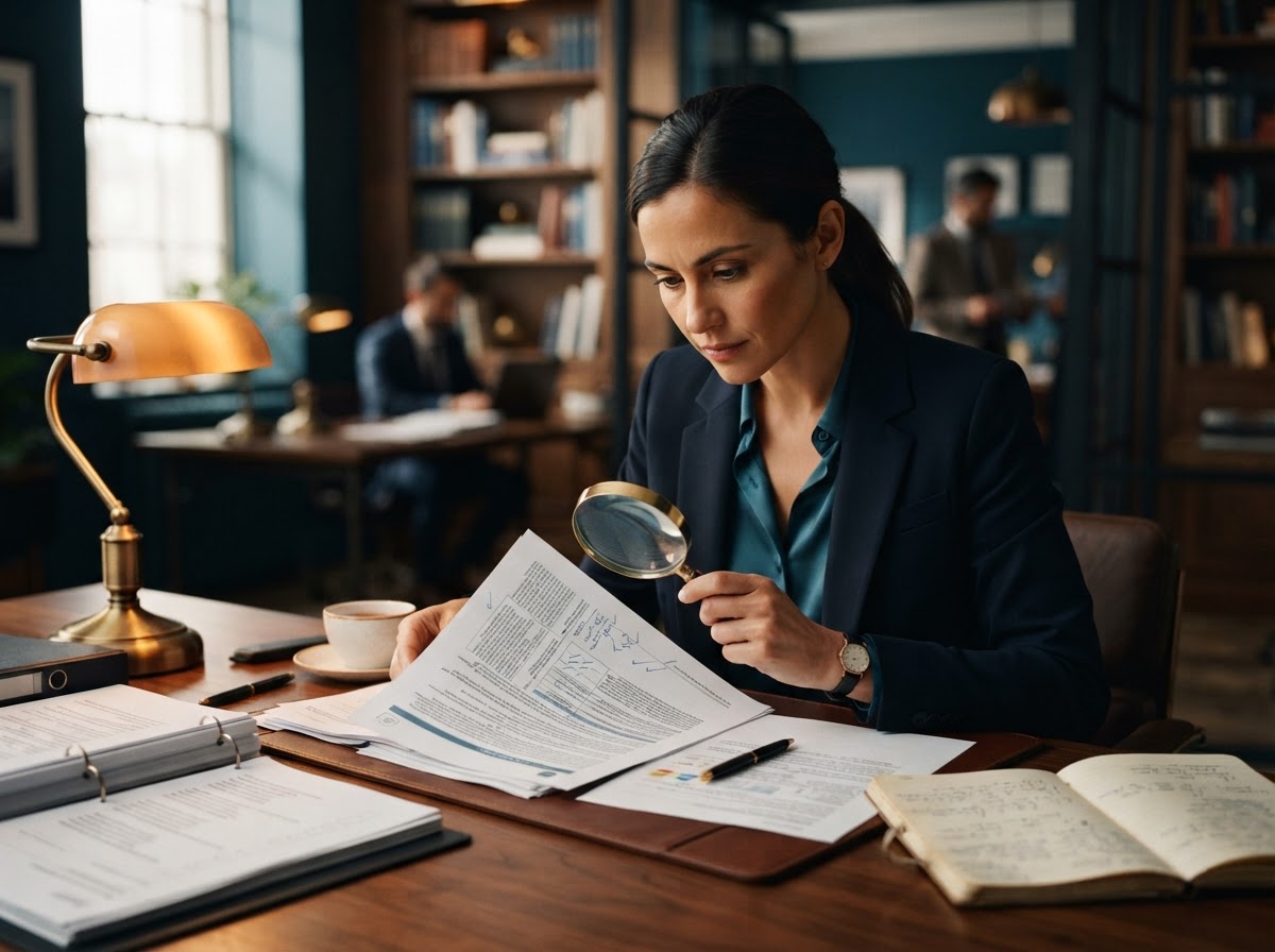 Professional reviewing compliance documents with a magnifying glass and checklists