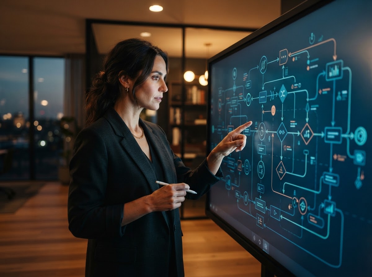 Process optimization flowcharts and interconnected workflow nodes on a digital screen