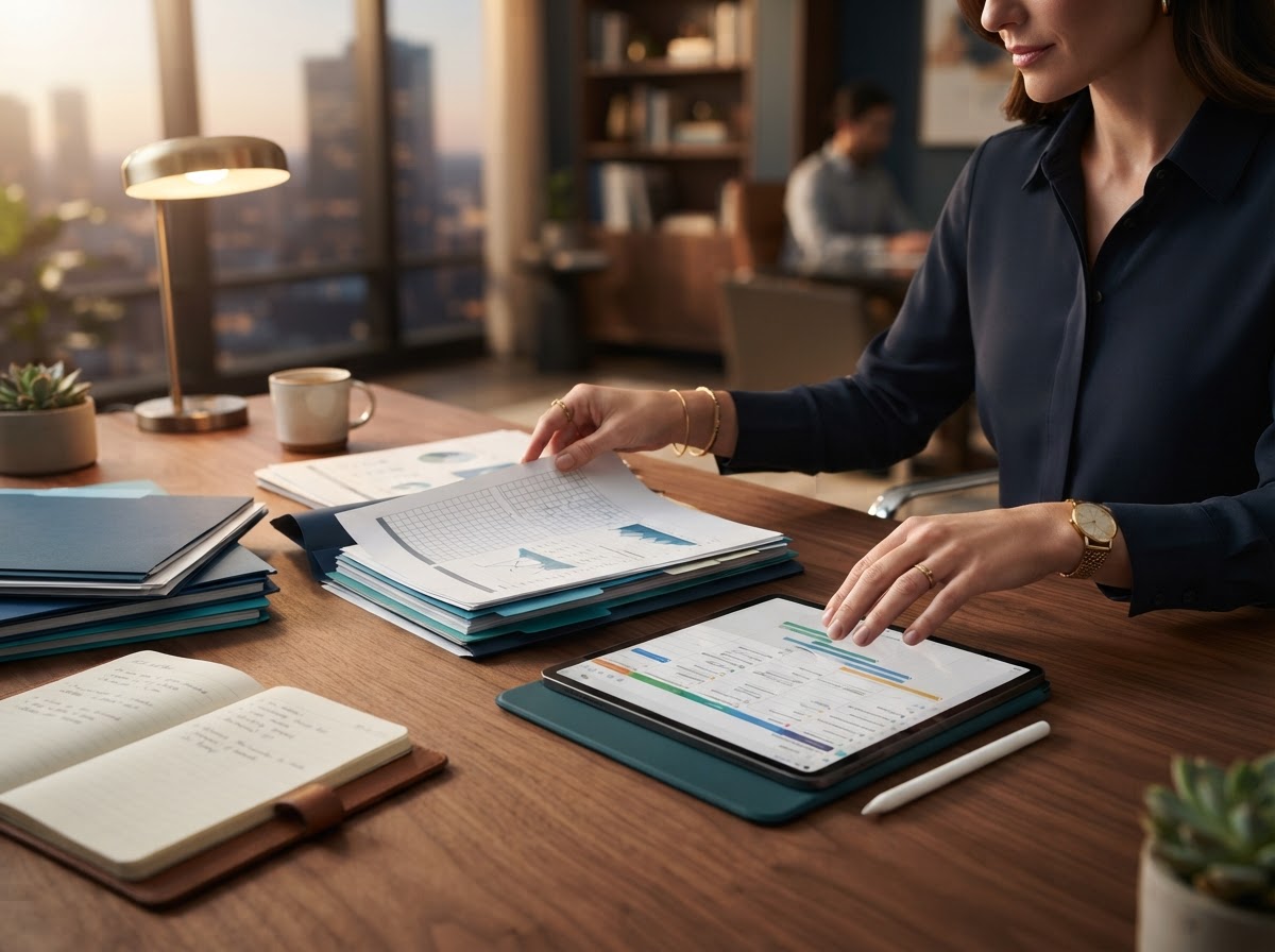 Organized administrative documents and digital workflow systems on a sleek desk