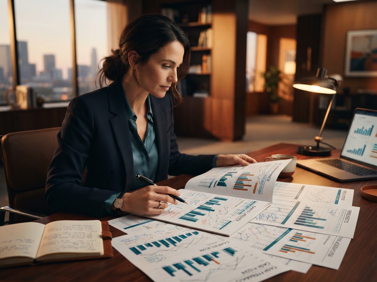 Financial reports, charts and cash flow graphs on a corporate desk
