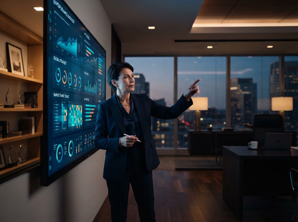 Executive reviewing strategic management dashboards and performance metrics