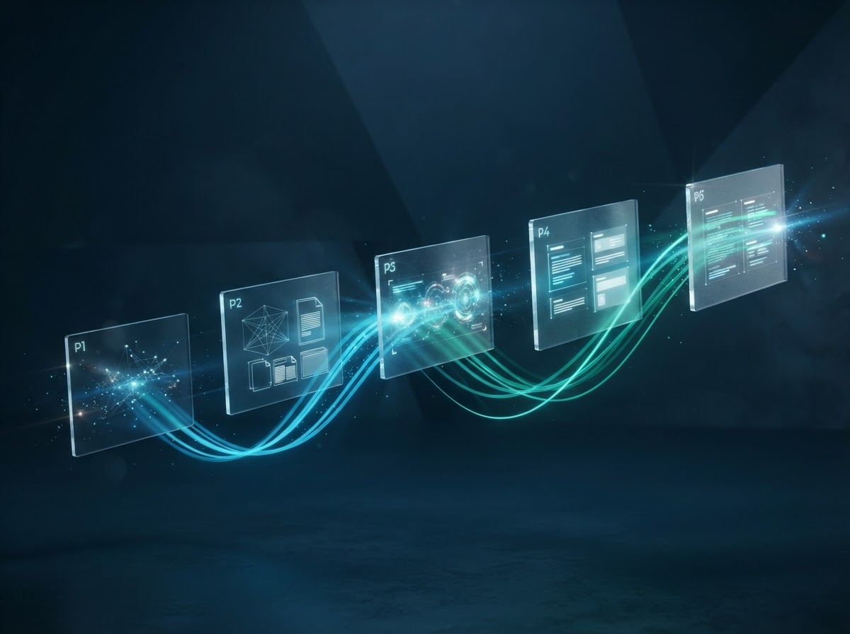 Abstract 3D render of a document preparation workflow pipeline