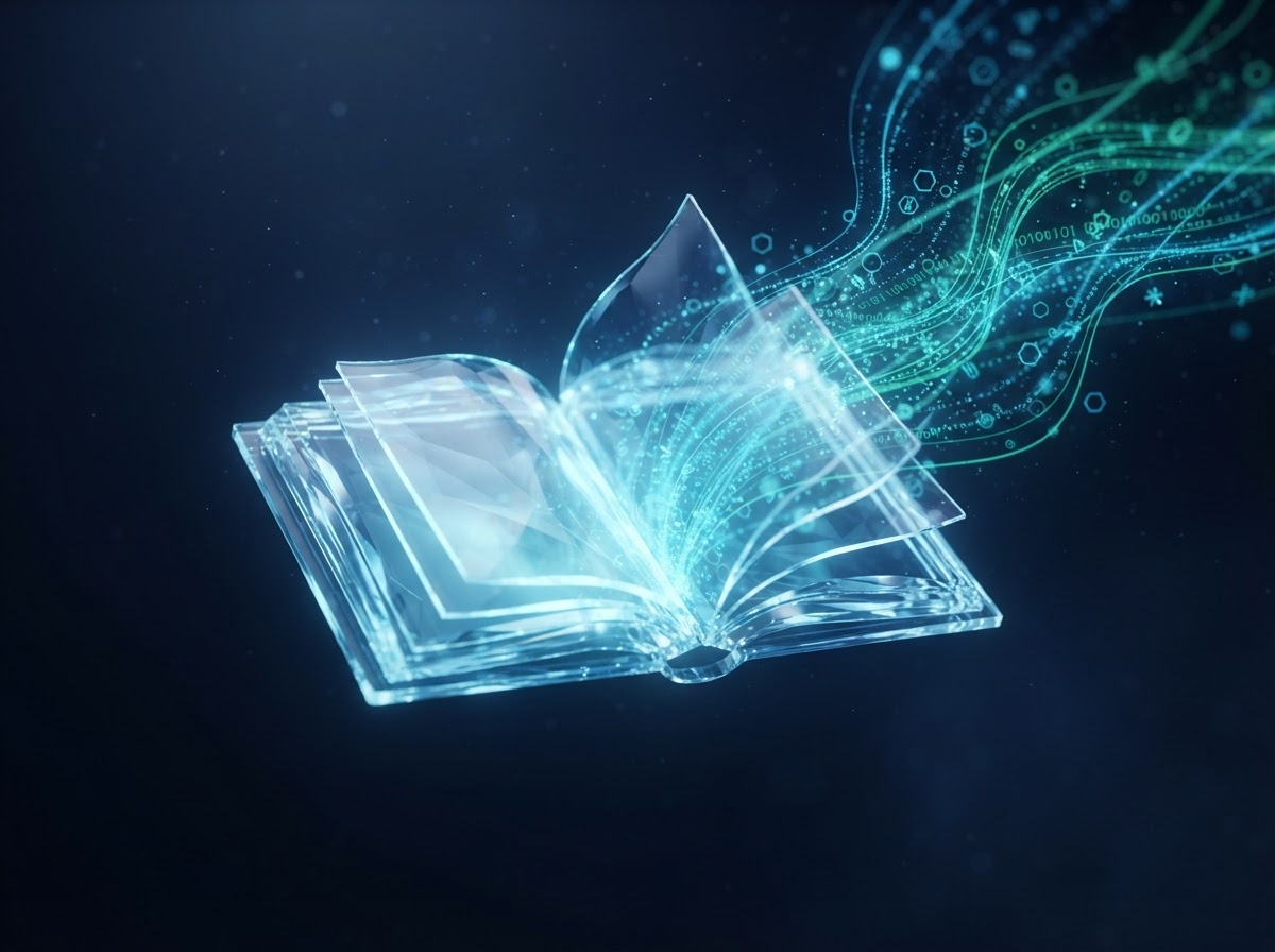 Abstract 3D render of an open book transforming into data streams