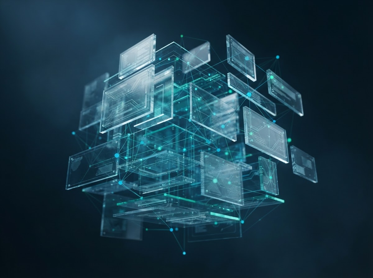 Abstract 3D render of layered documentation panels