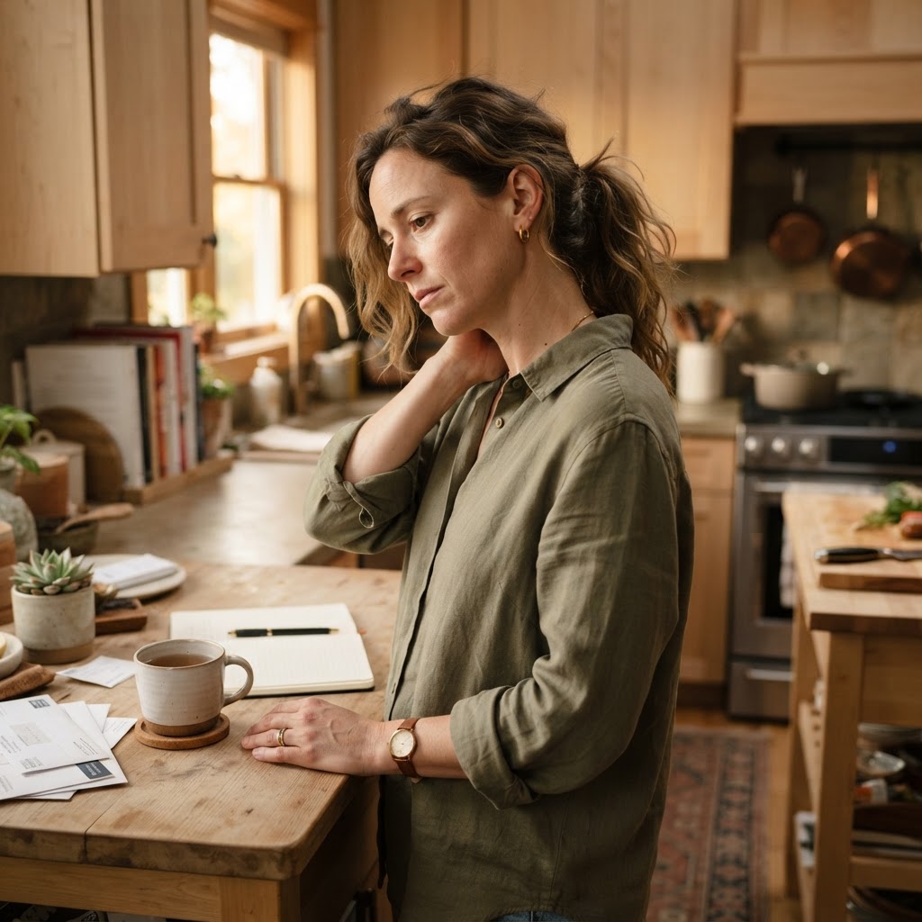 A woman pausing in her kitchen after a busy day, looking overwhelmed