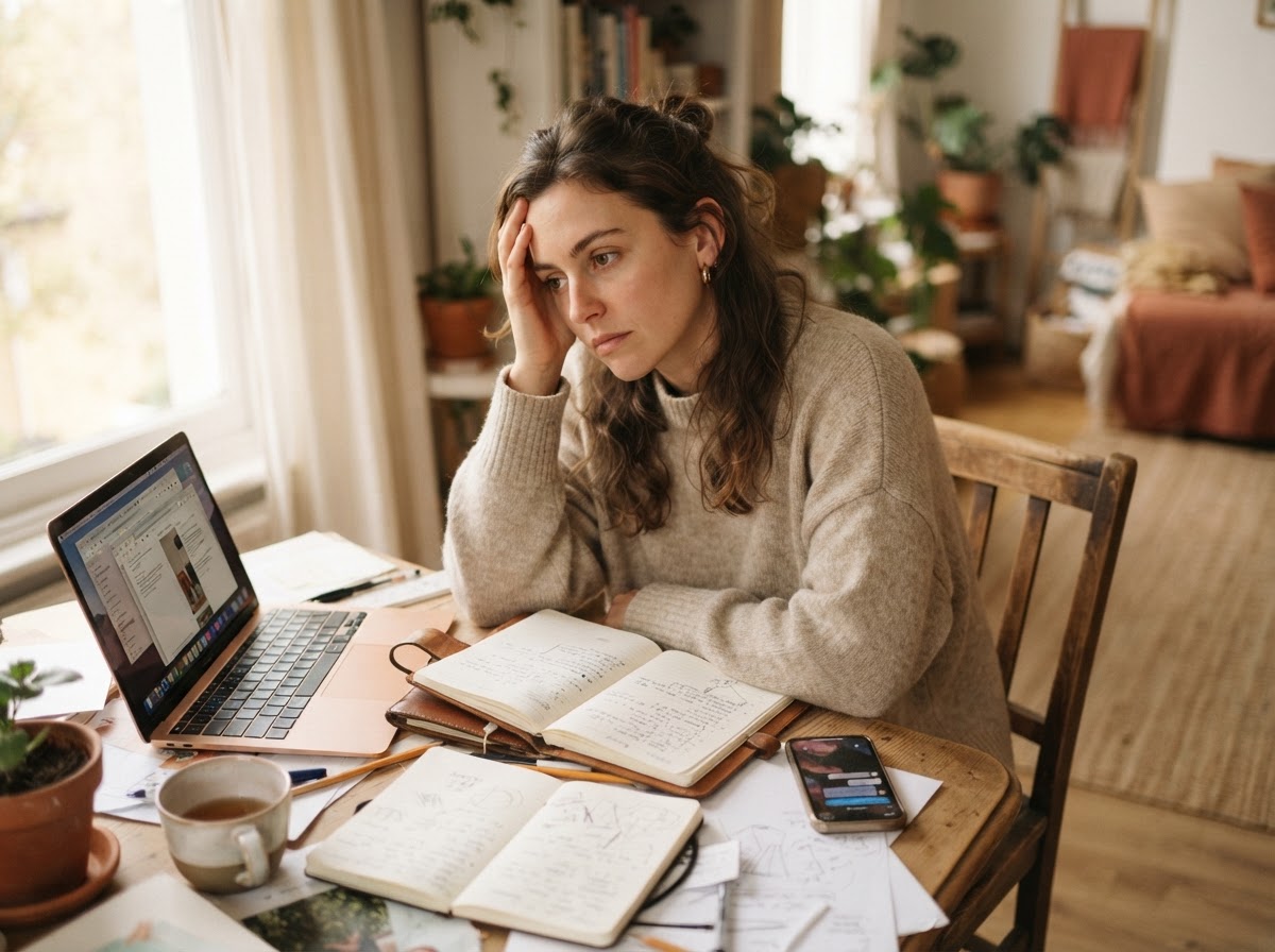 A woman journaling thoughtfully at a table with a cup of tea