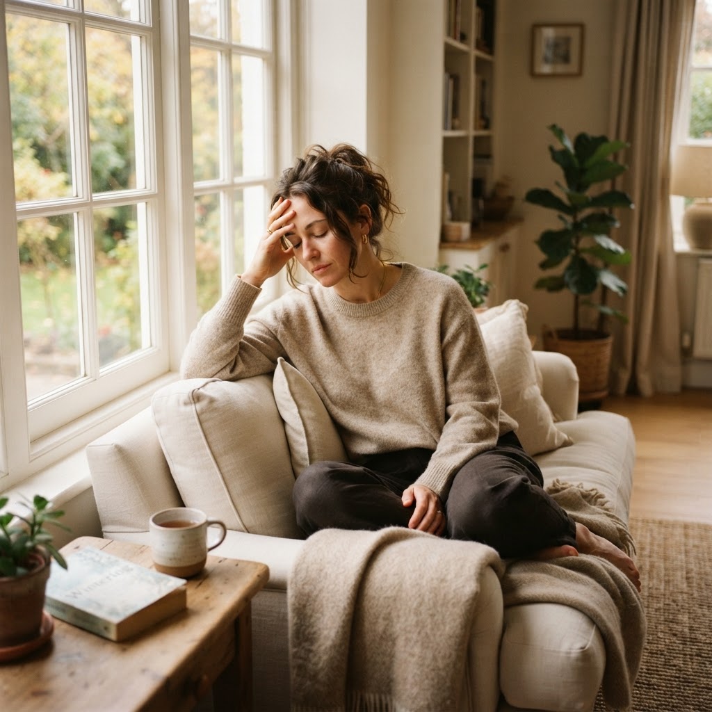 A woman sitting quietly on a sofa during the day, looking tired and resting