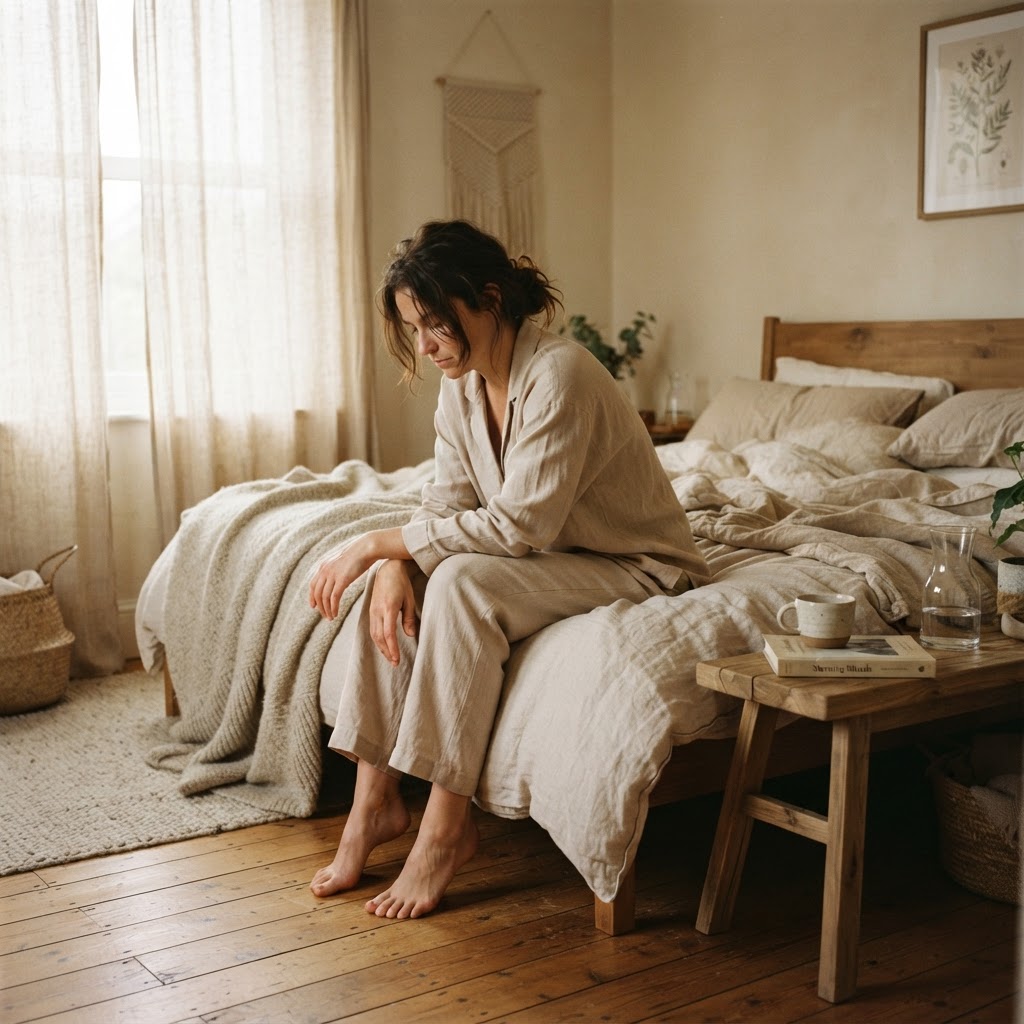 A woman sitting on the edge of her bed in the morning, looking tired