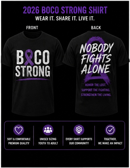 Official 2026 BOCO Strong Shirt Mockup — Front: BOCO Strong with Purple Ribbon, Back: Nobody Fights Alone with Honor the Lost, Support the Fighting, Strengthen the Living